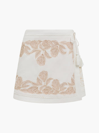 Calissa Embroidered Cream Wrapover Mini Skirt