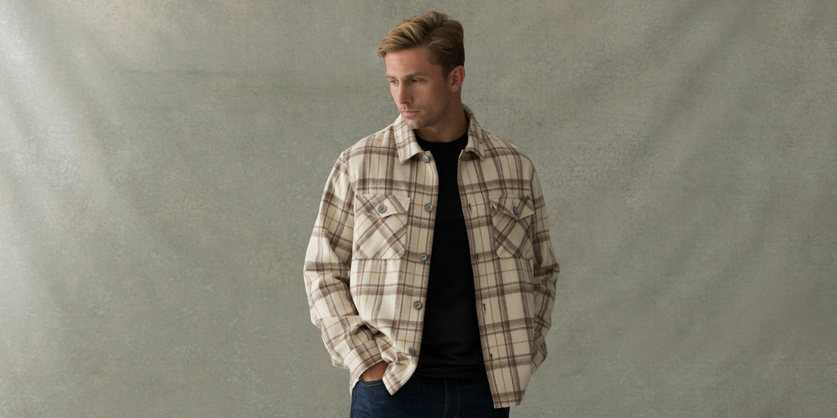 A man dressed in a check shirt over a black t-shirt and blue jeans, showcasing men's autumn fashion with a casual yet stylish look.