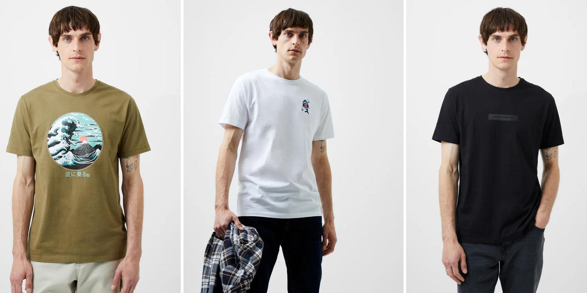 A man showcases three different ways to style a graphic t-shirt, each featuring a unique design and paired with various accessories for a casual look.