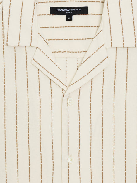 Short Sleeve Contrast Stitch Striped Cream Shirt