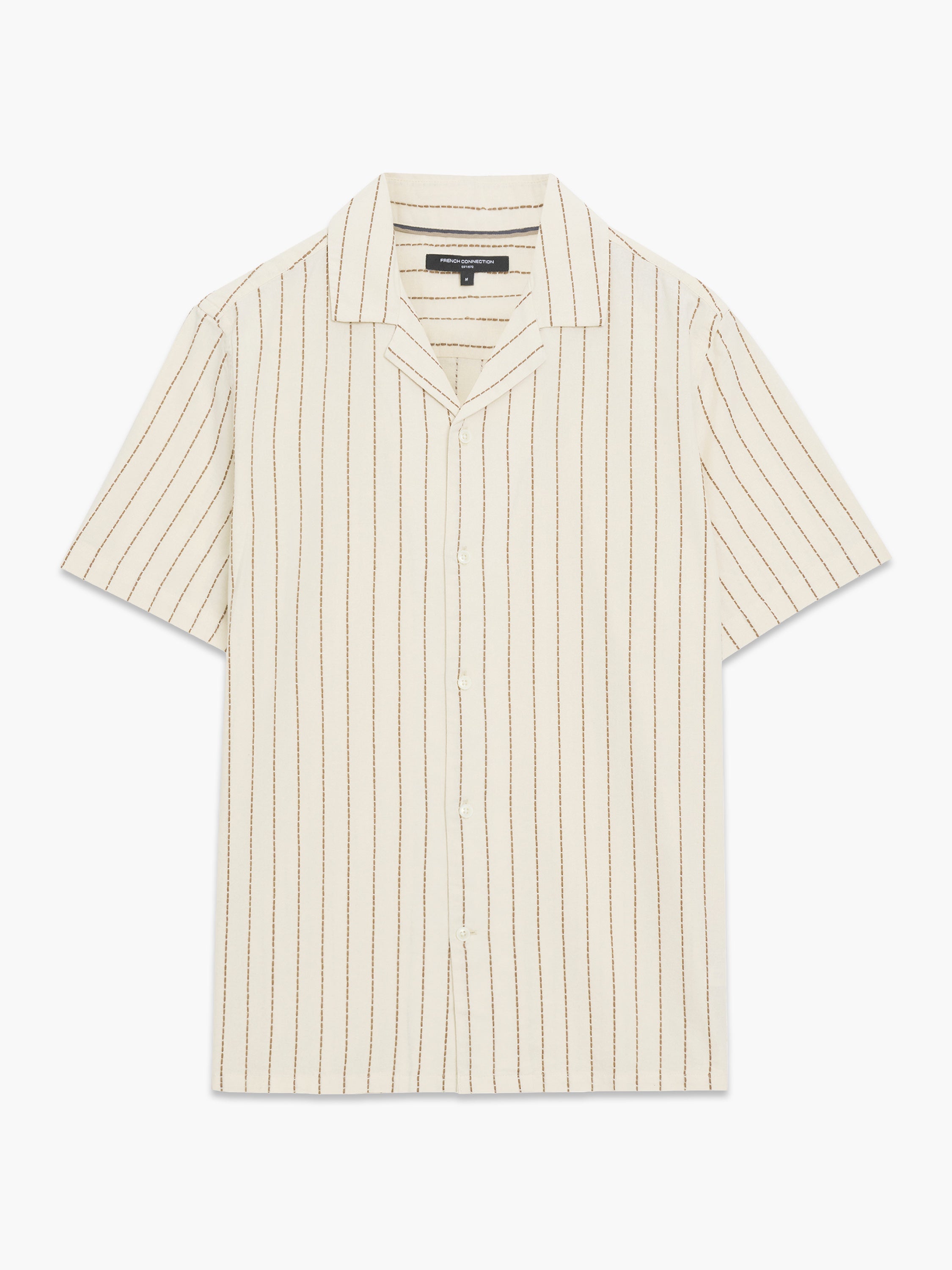 Short Sleeve Contrast Stitch Striped Cream Shirt