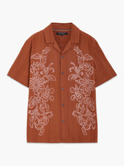 Short Sleeve Dobby Brown Floral Print Holiday Shirt