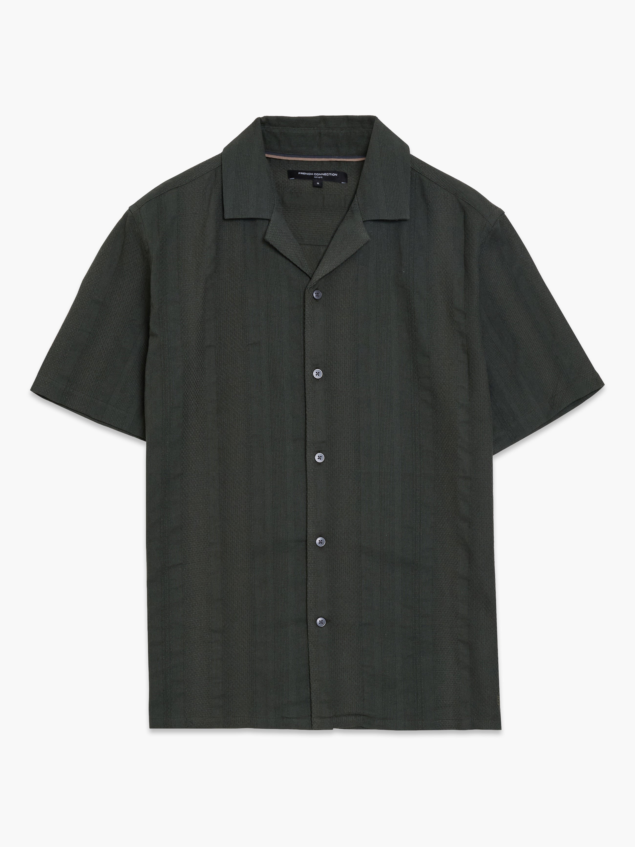 Short Sleeve Textured Stripe Khaki Green Holiday Shirt