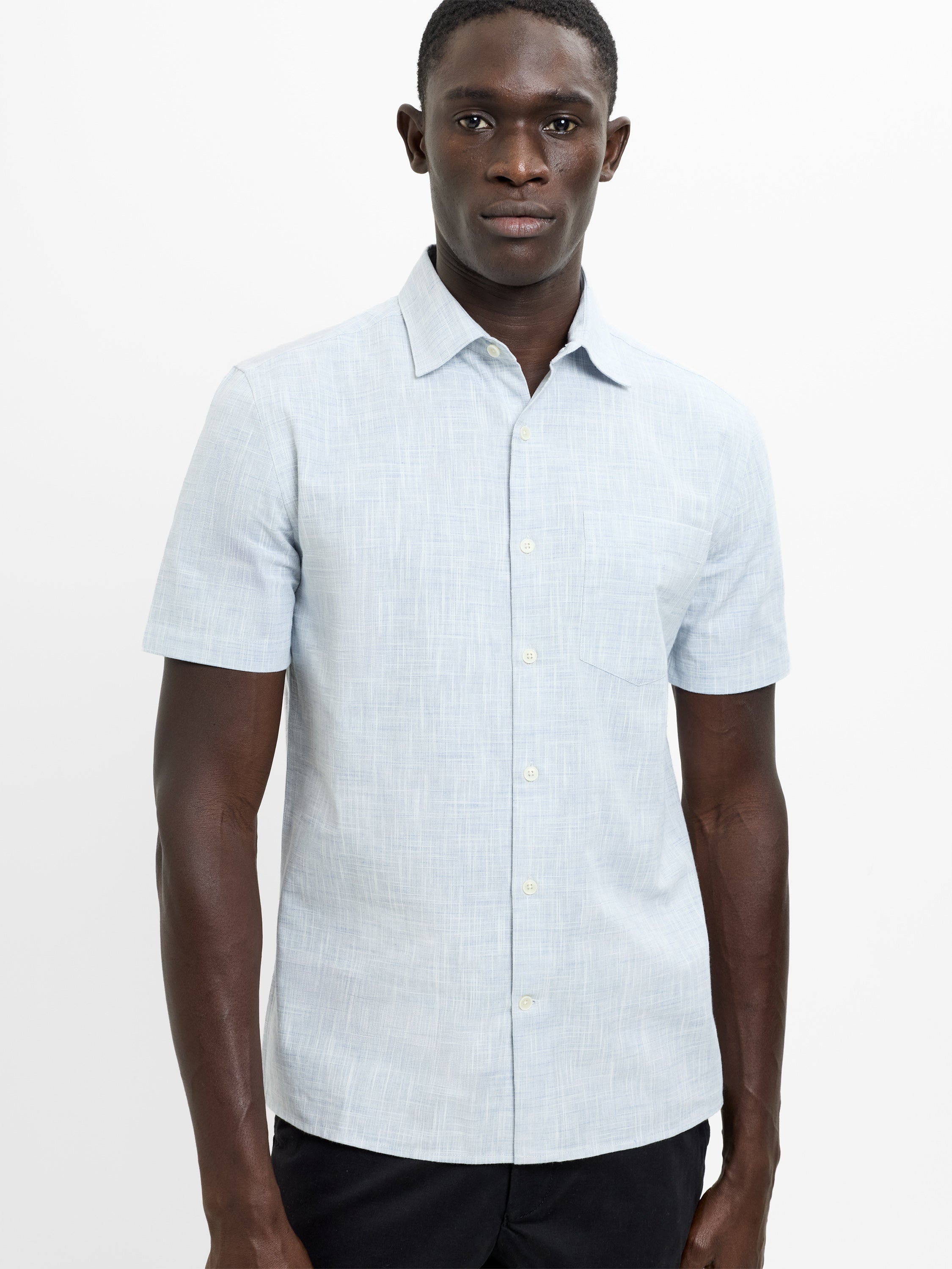 Short Sleeve Chest Pocket Blue Slub Textured Shirt