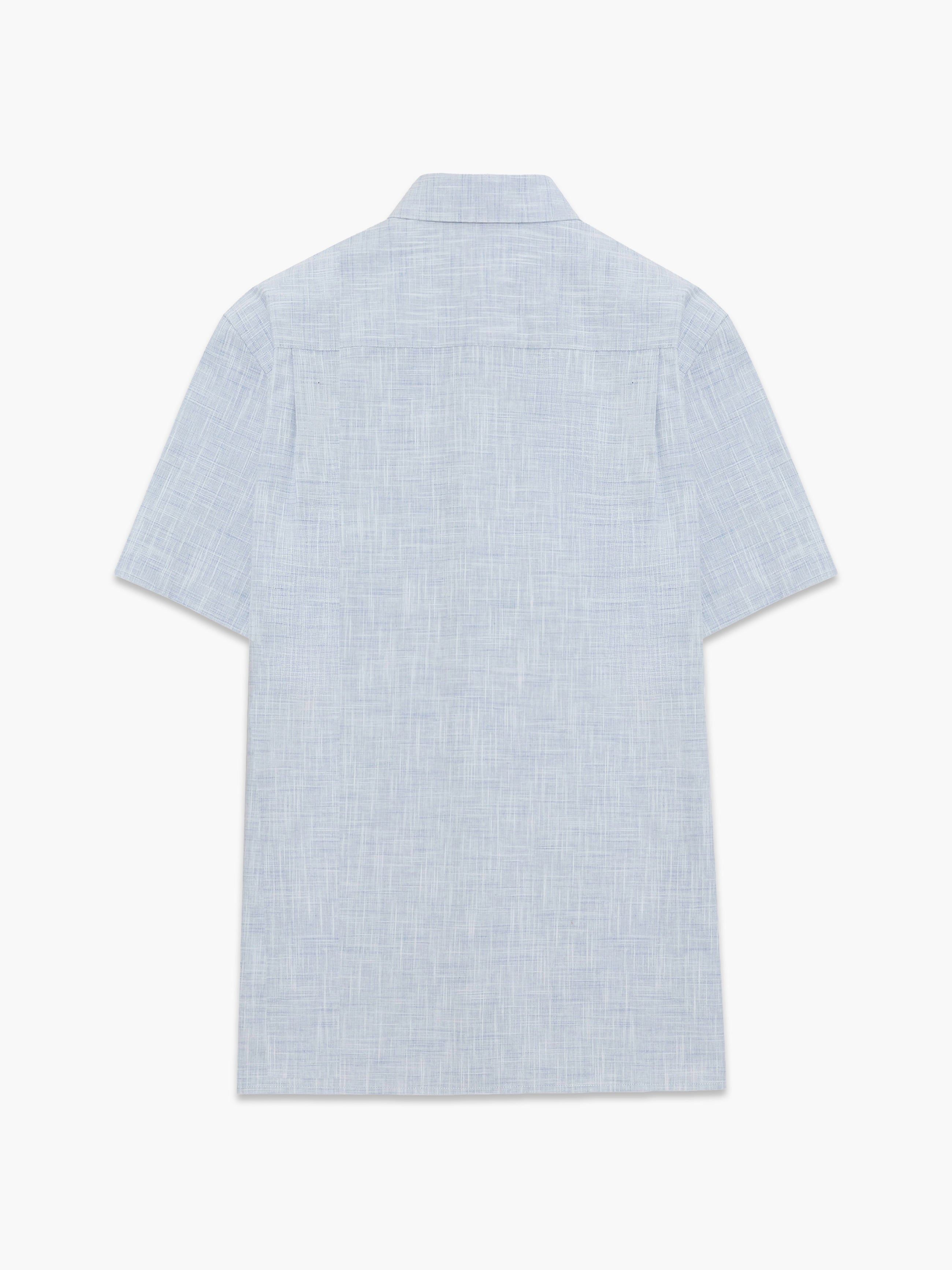 Short Sleeve Chest Pocket Blue Slub Textured Shirt