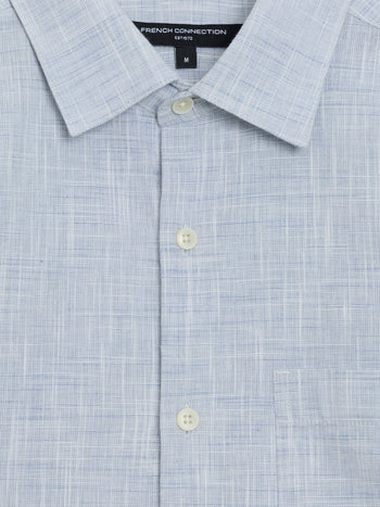 Short Sleeve Chest Pocket Blue Slub Textured Shirt