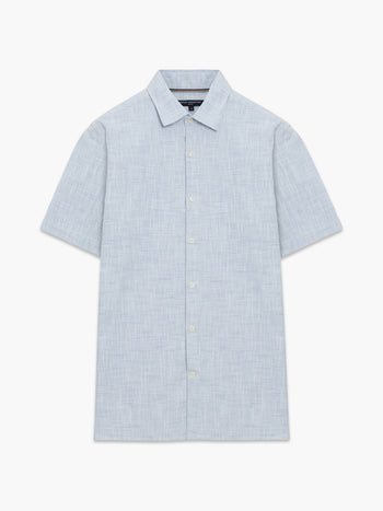 Short Sleeve Chest Pocket Blue Slub Textured Shirt