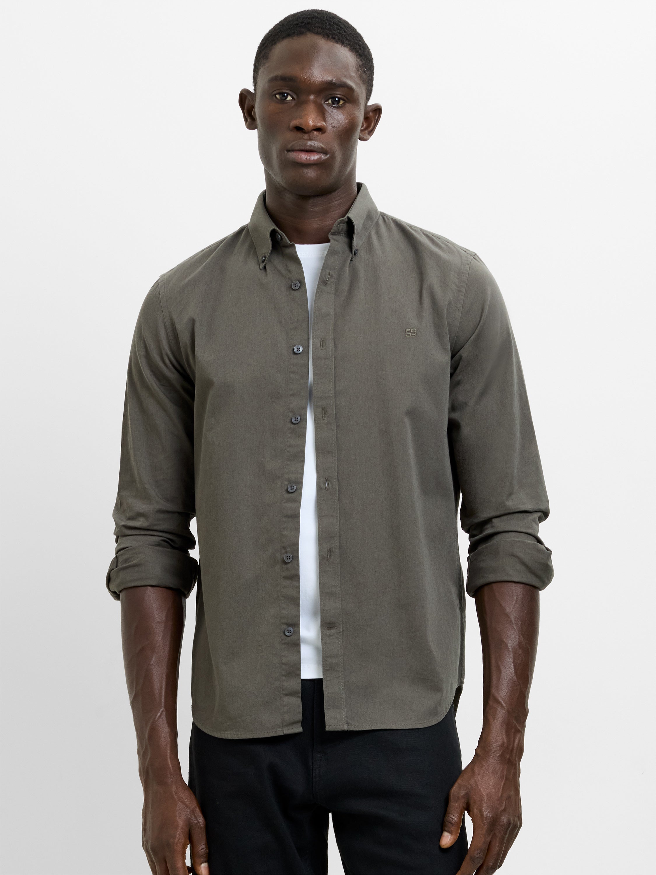 Long Sleeve Twill Khaki Green Oxford Shirt