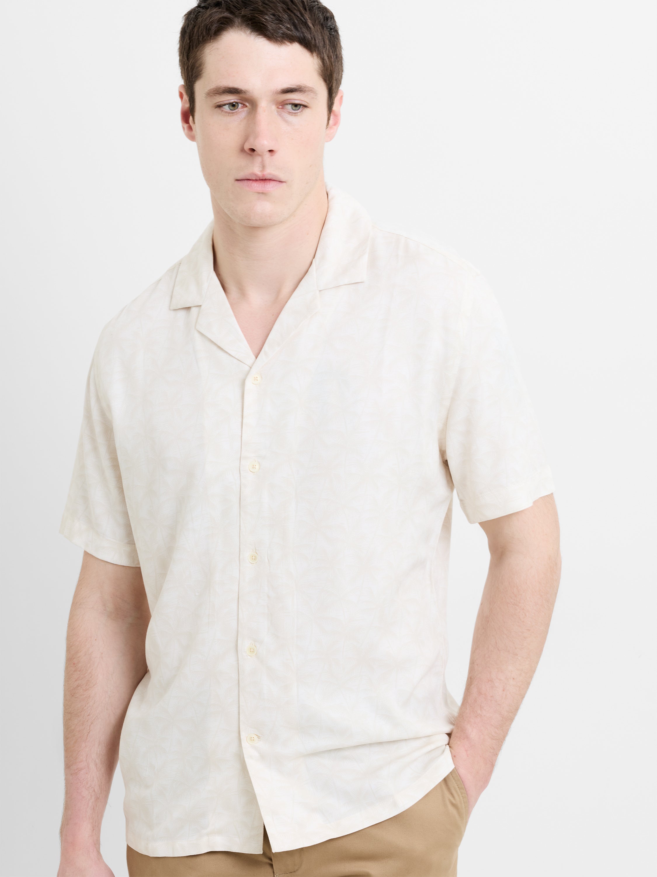 Short Sleeve Cream Palm Tree Print Holiday Shirt