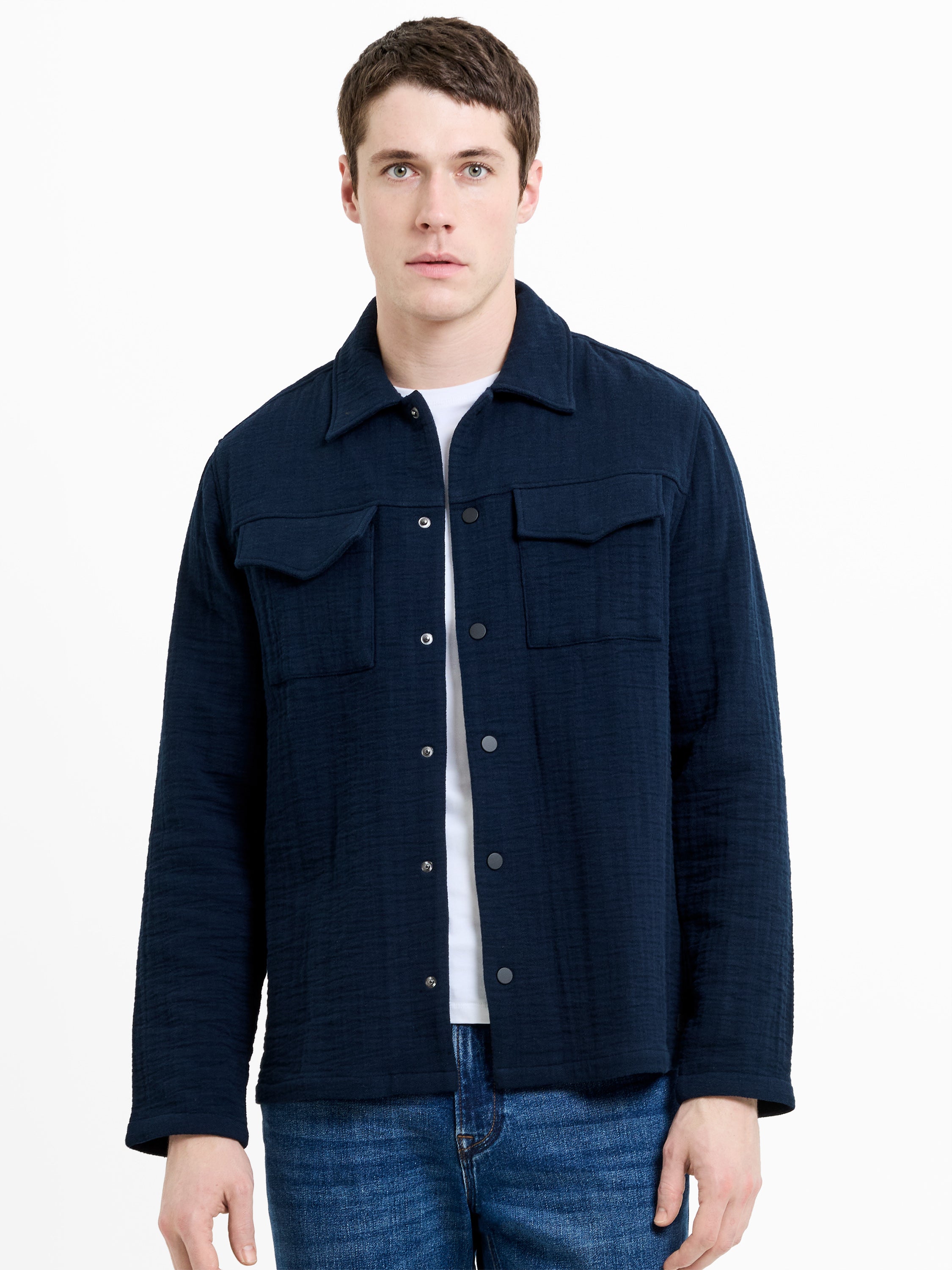 Long Sleeve Stripe Textured Canvas Navy Shirt