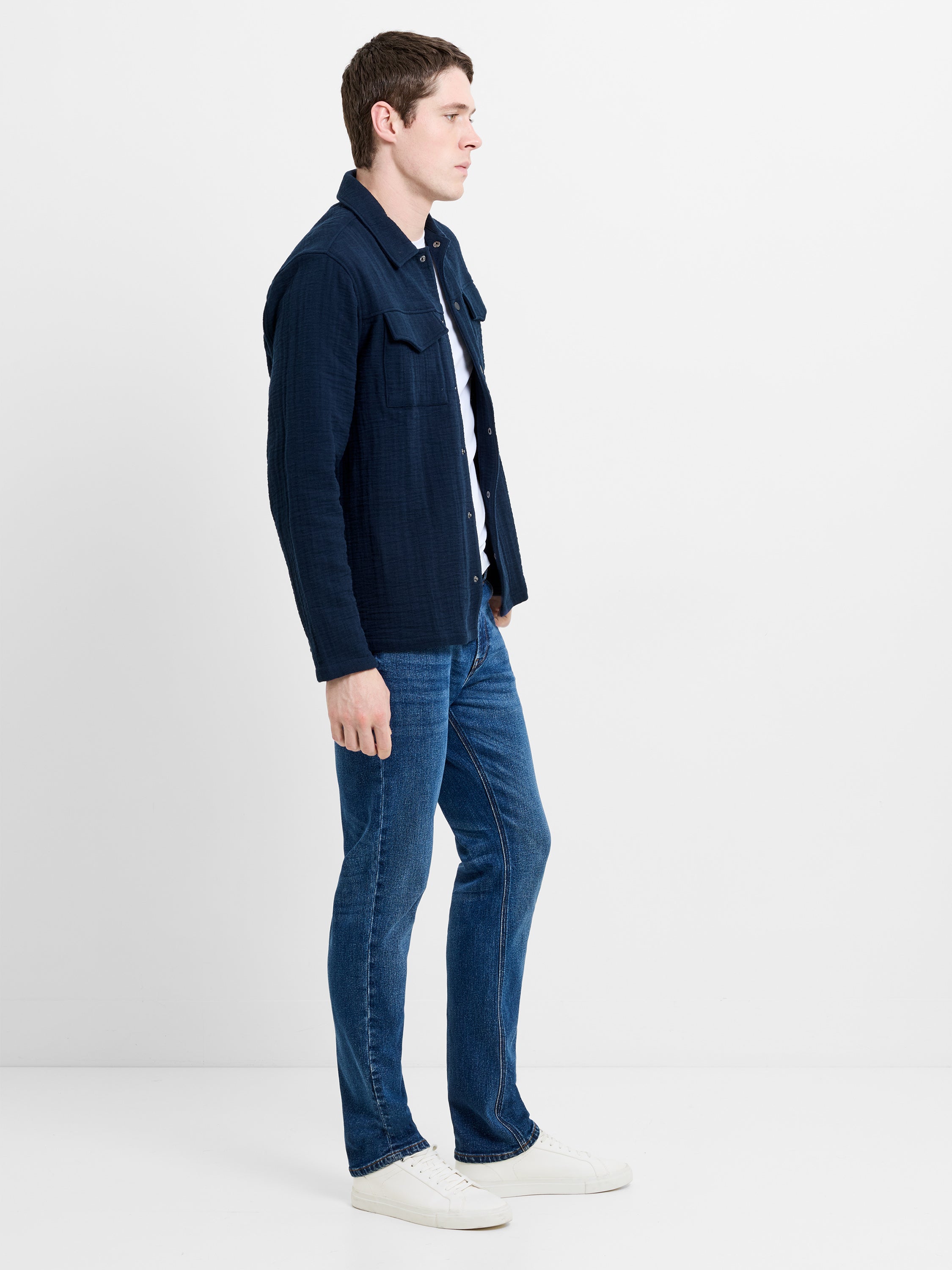 Long Sleeve Stripe Textured Canvas Navy Shirt