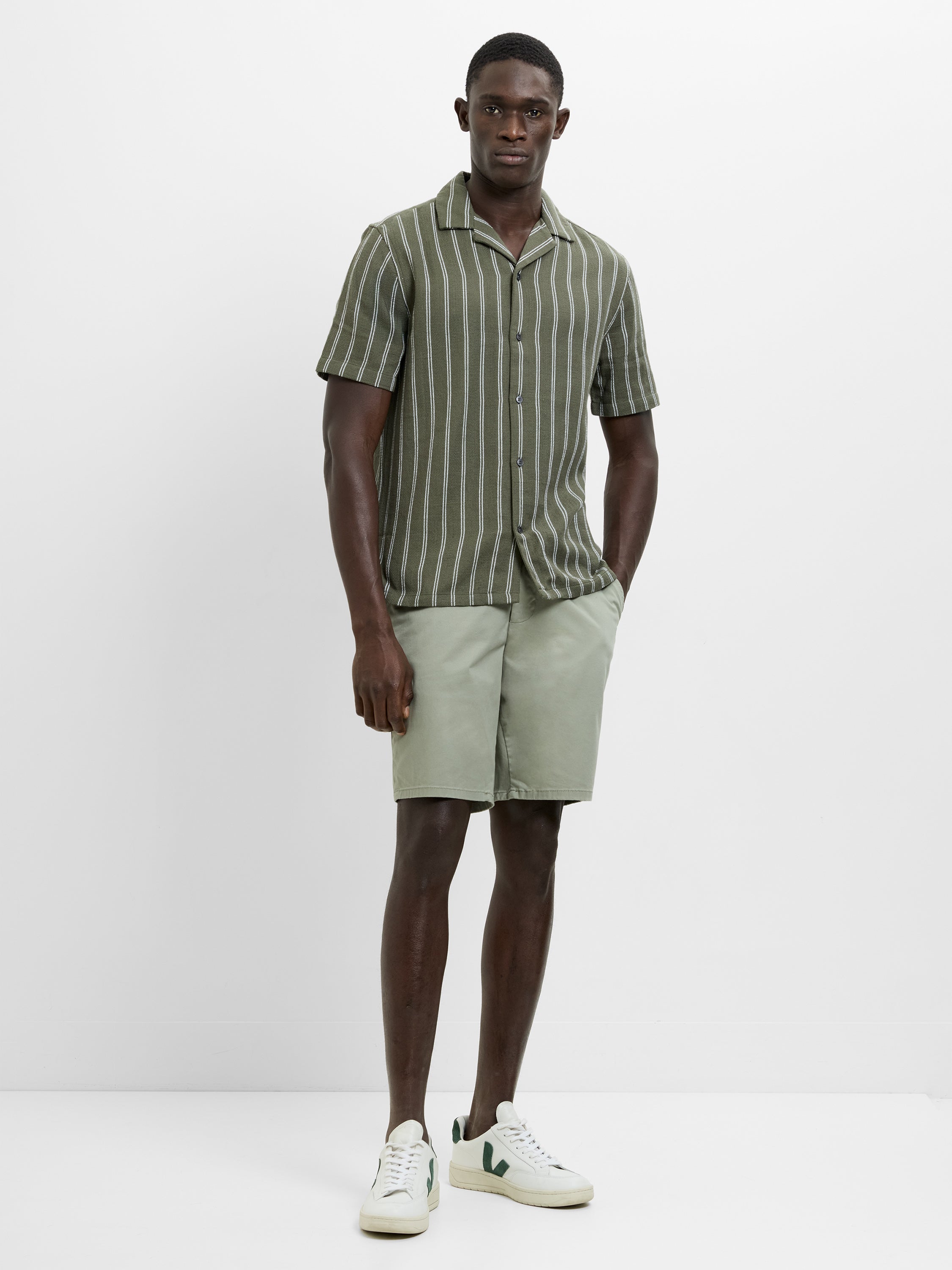 Short Sleeve Open Weave Green Striped Holiday Shirt