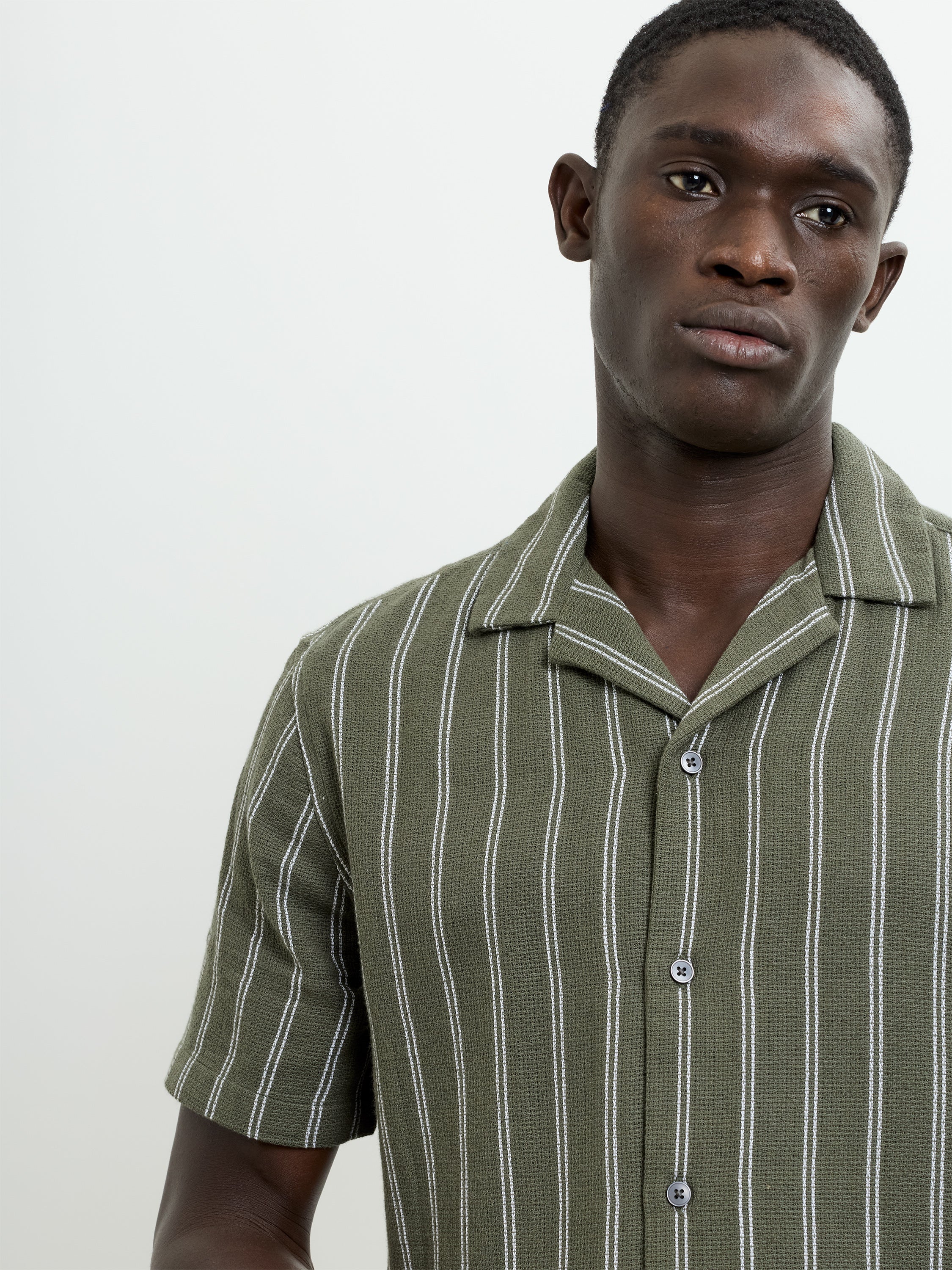 Short Sleeve Open Weave Green Striped Holiday Shirt