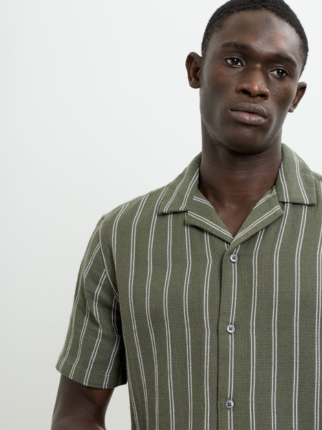 Short Sleeve Open Weave Green Striped Holiday Shirt