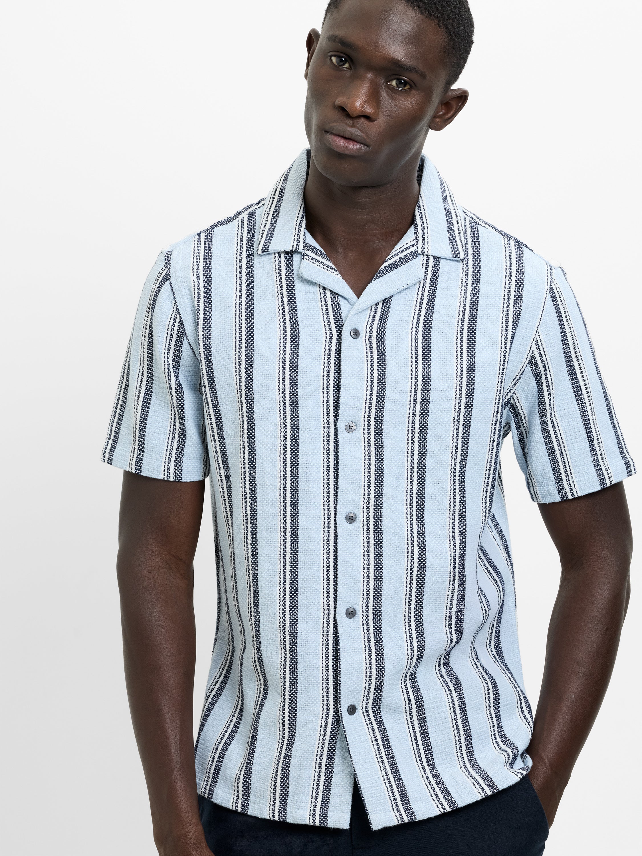 Short Sleeve Blue Striped Revere Collar Shirt