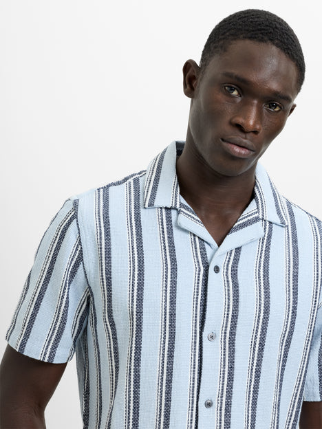 Short Sleeve Blue Striped Revere Collar Shirt