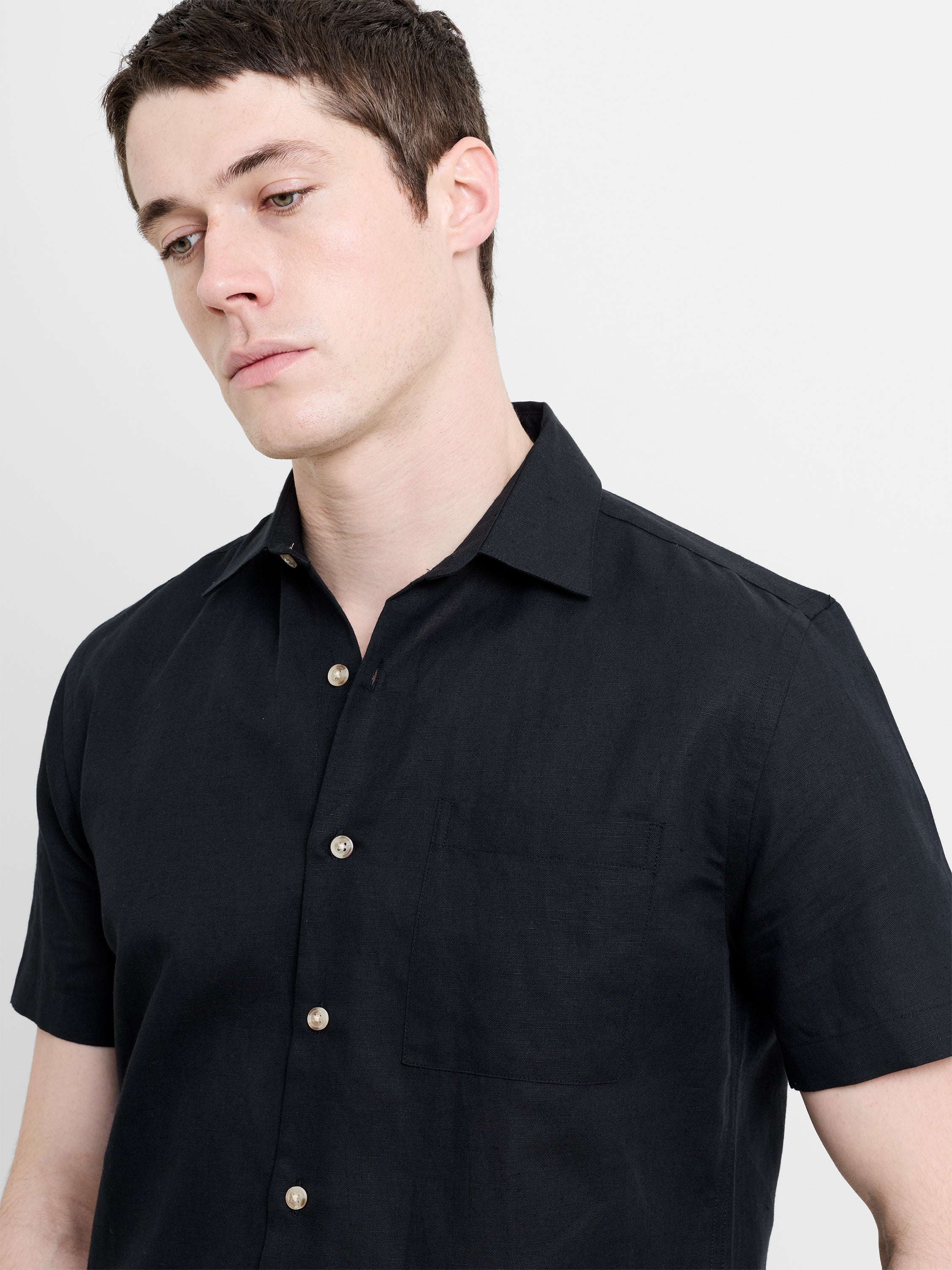 Short Sleeve Black Linen Blend Shirt