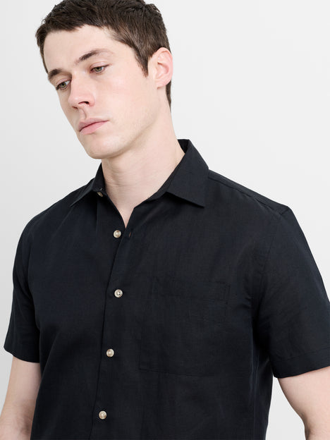 Short Sleeve Black Linen Blend Shirt