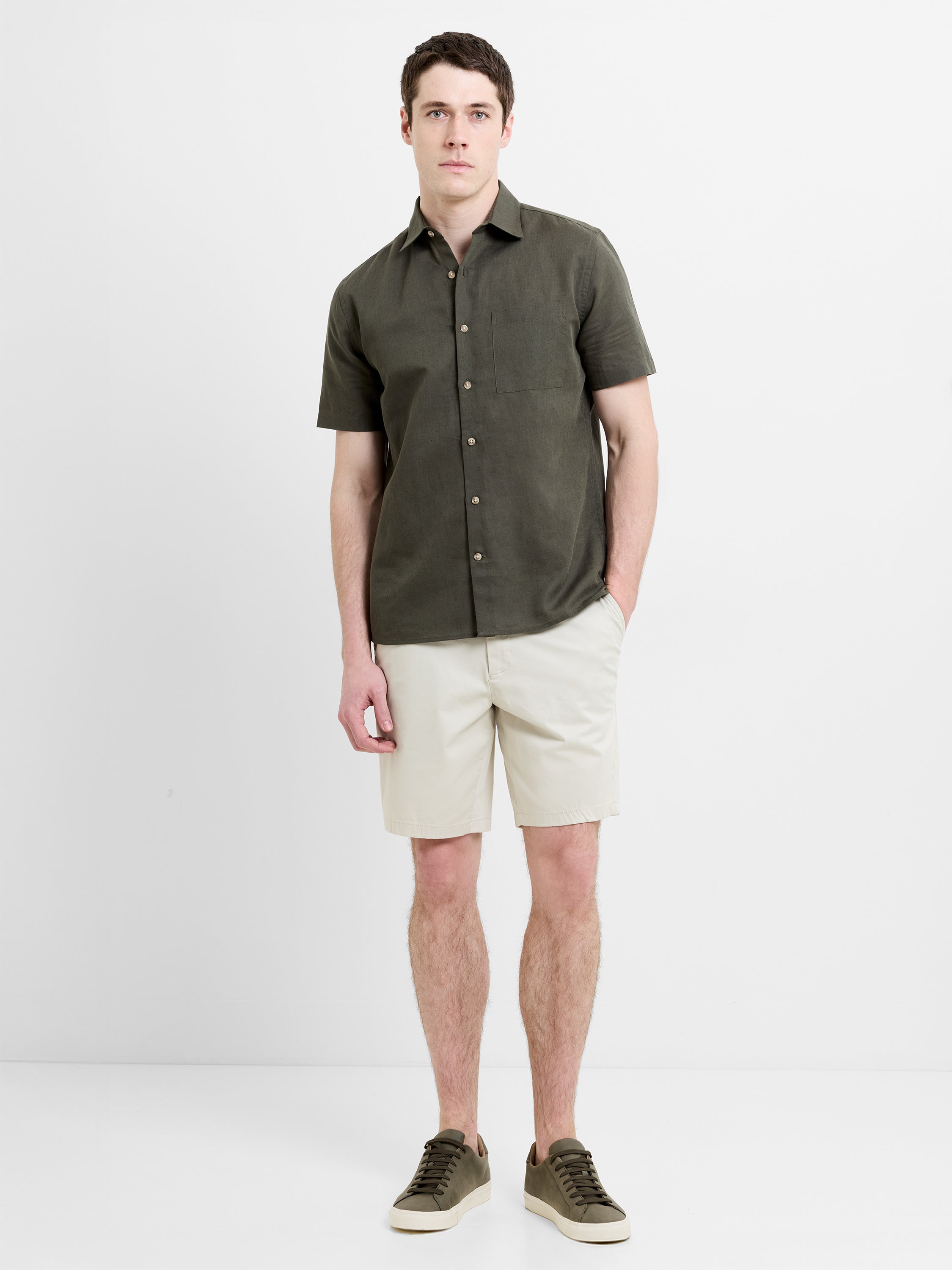 Short Sleeve Dark Green Linen Blend Shirt