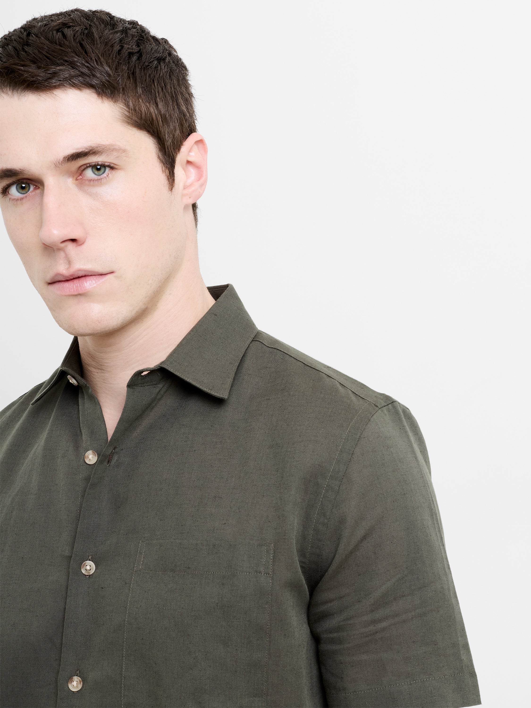 Short Sleeve Dark Green Linen Blend Shirt