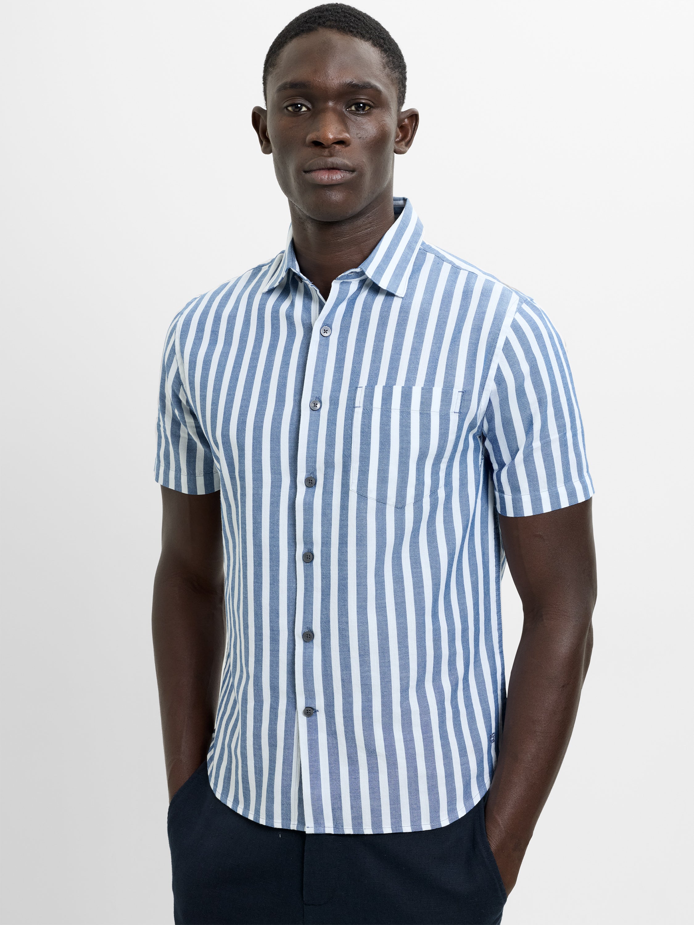 Short Sleeve Cotton Blue Striped Shirt