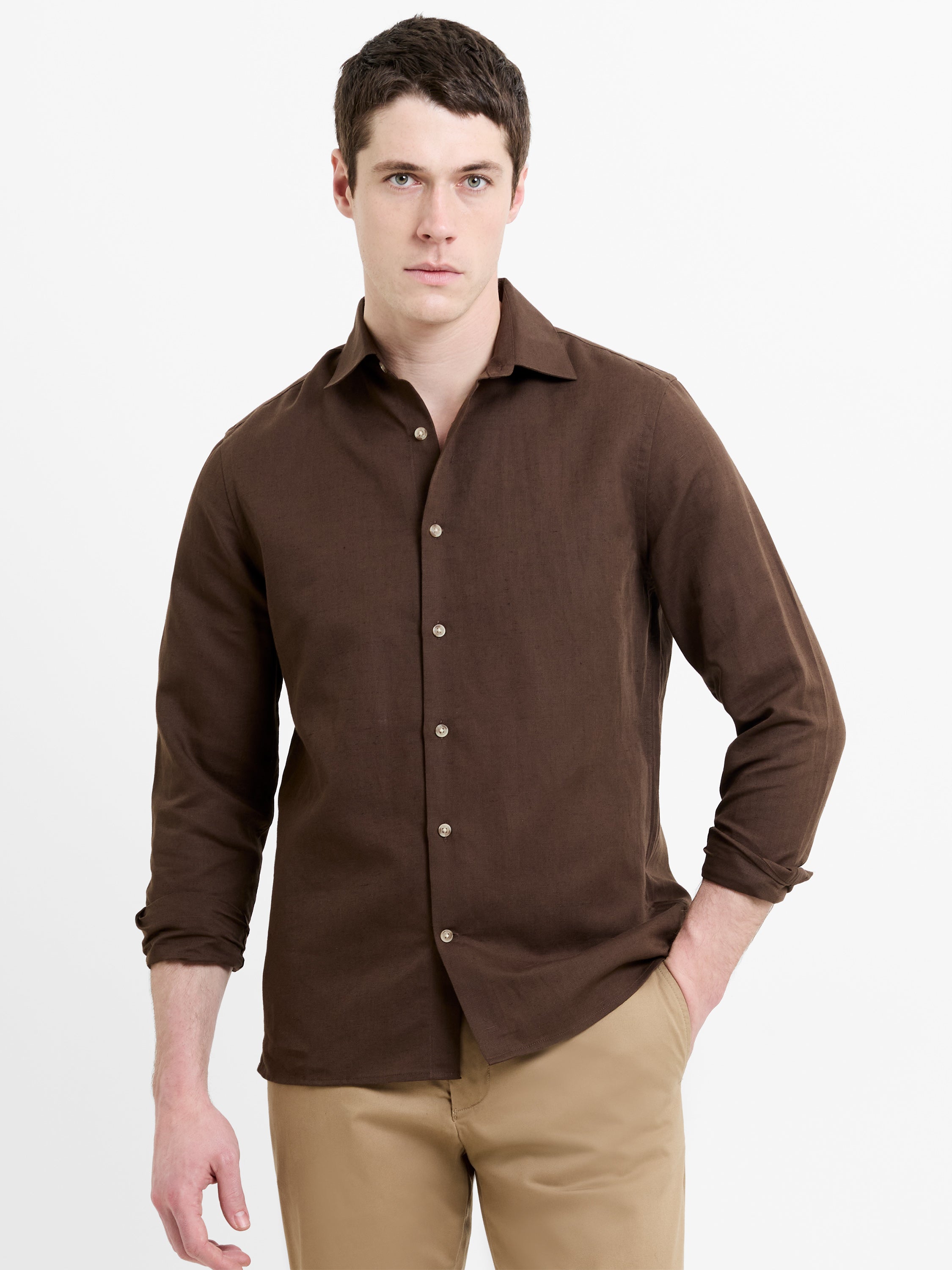 Long Sleeve Brown Linen Blend Shirt