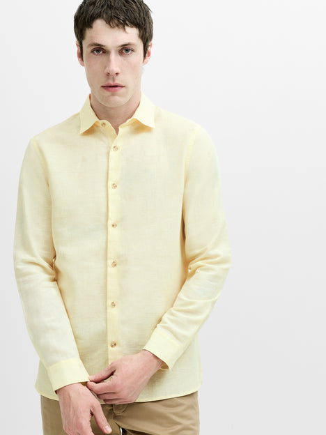 Long Sleeve Light Yellow Linen Blend Shirt
