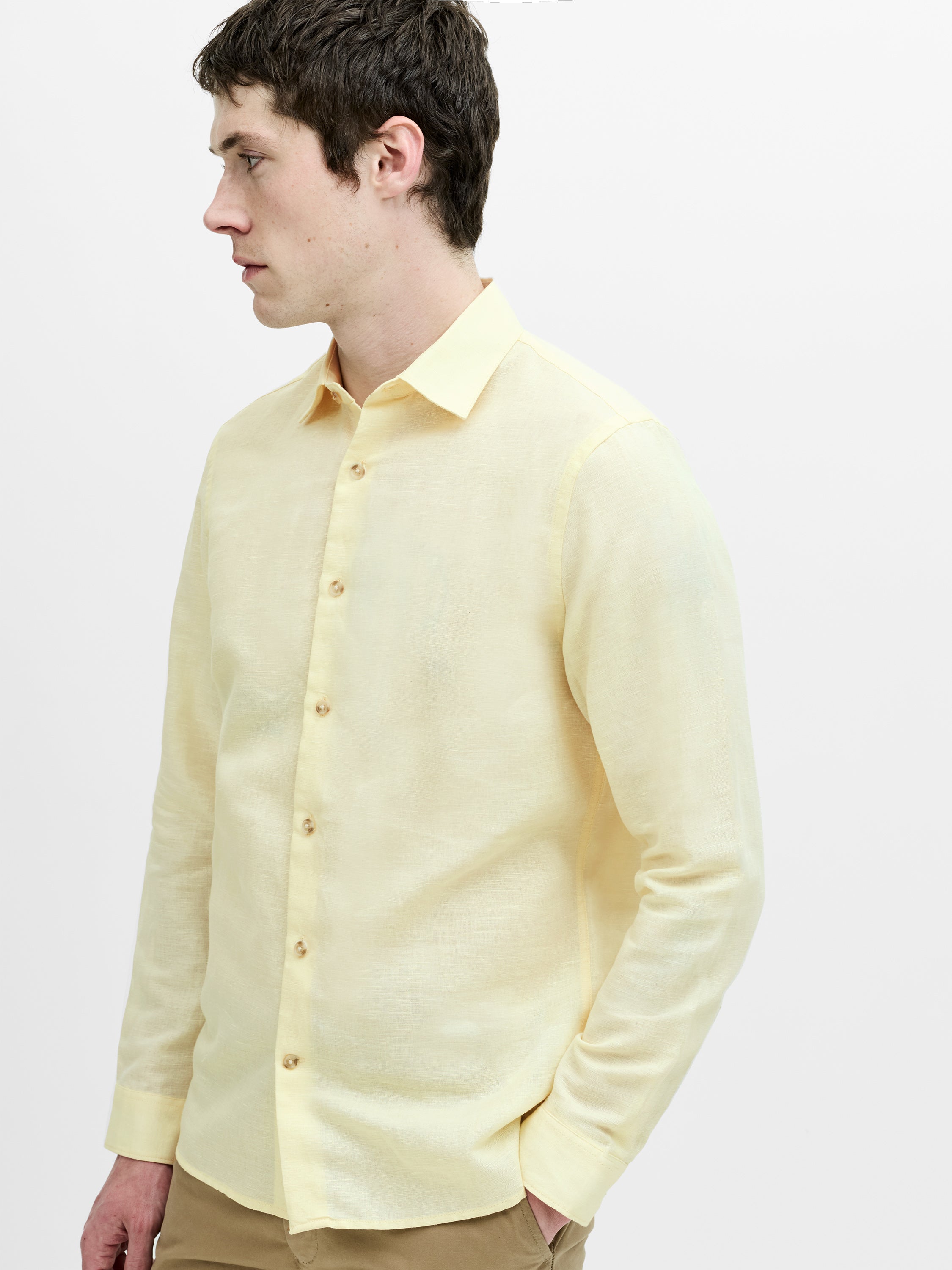 Long Sleeve Light Yellow Linen Blend Shirt