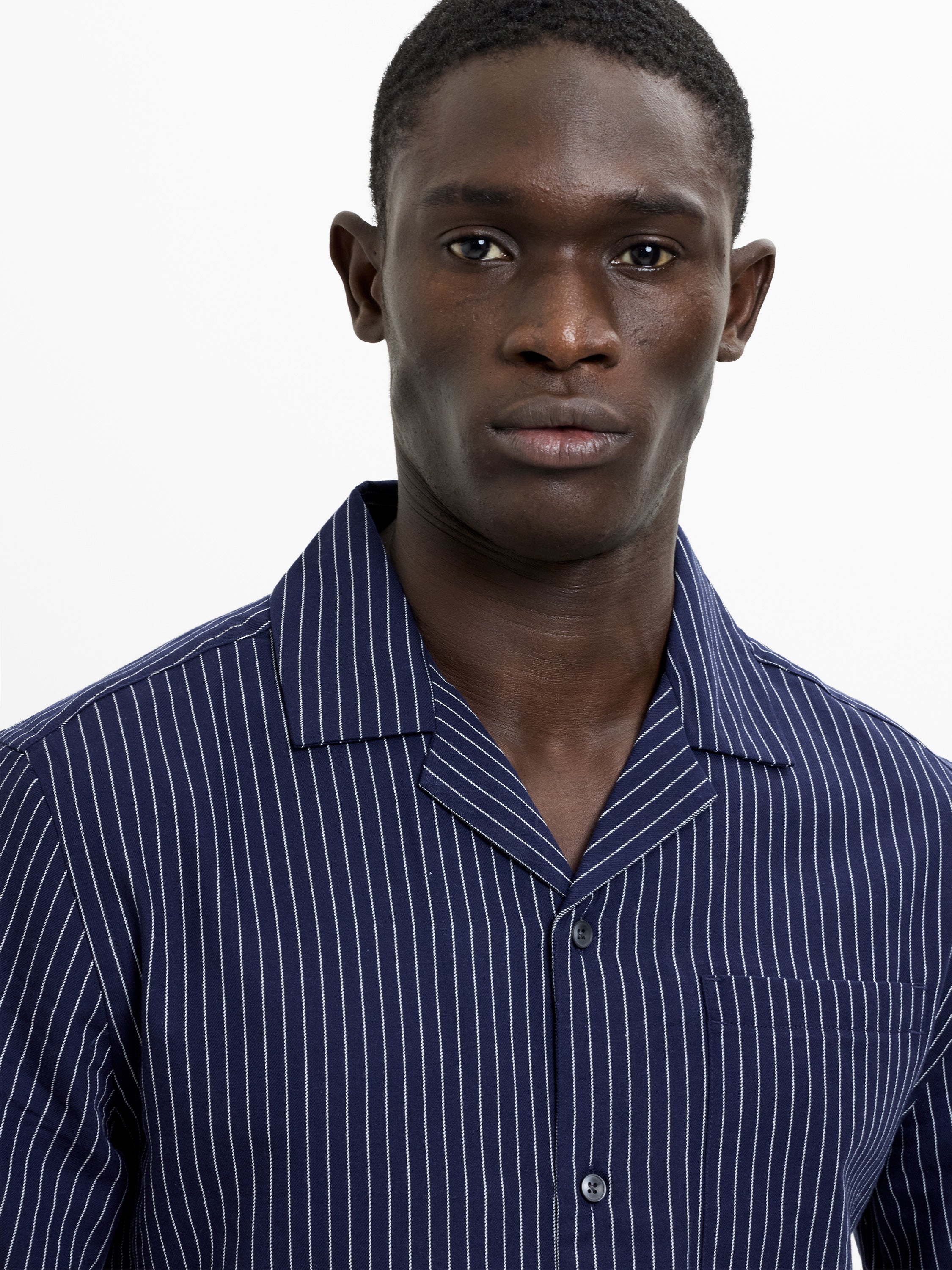 Short Sleeve Twill Navy Blue Striped Shirt