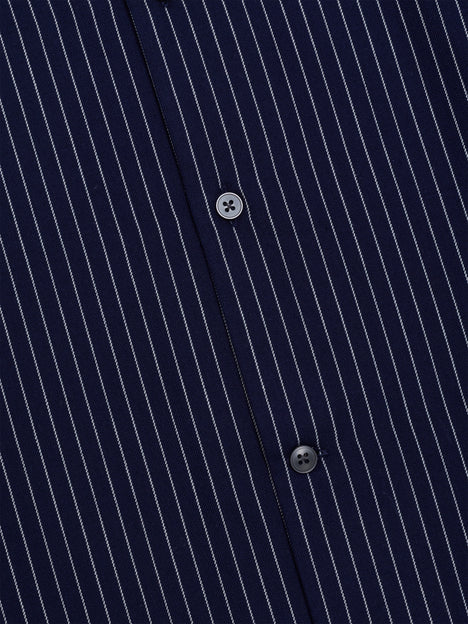 Short Sleeve Twill Navy Blue Striped Shirt
