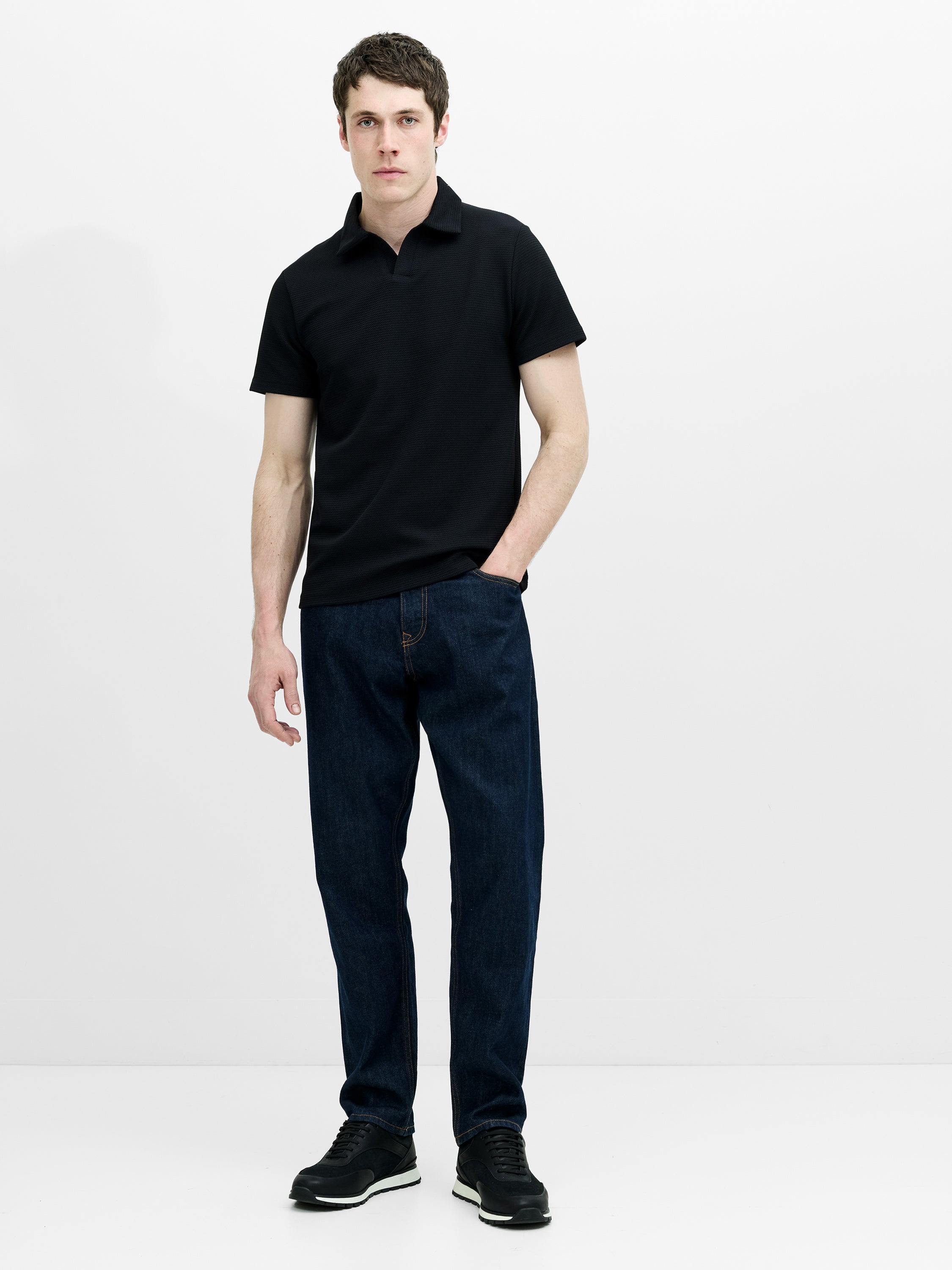 Short Sleeve Pointelle Knit Black Polo Shirt