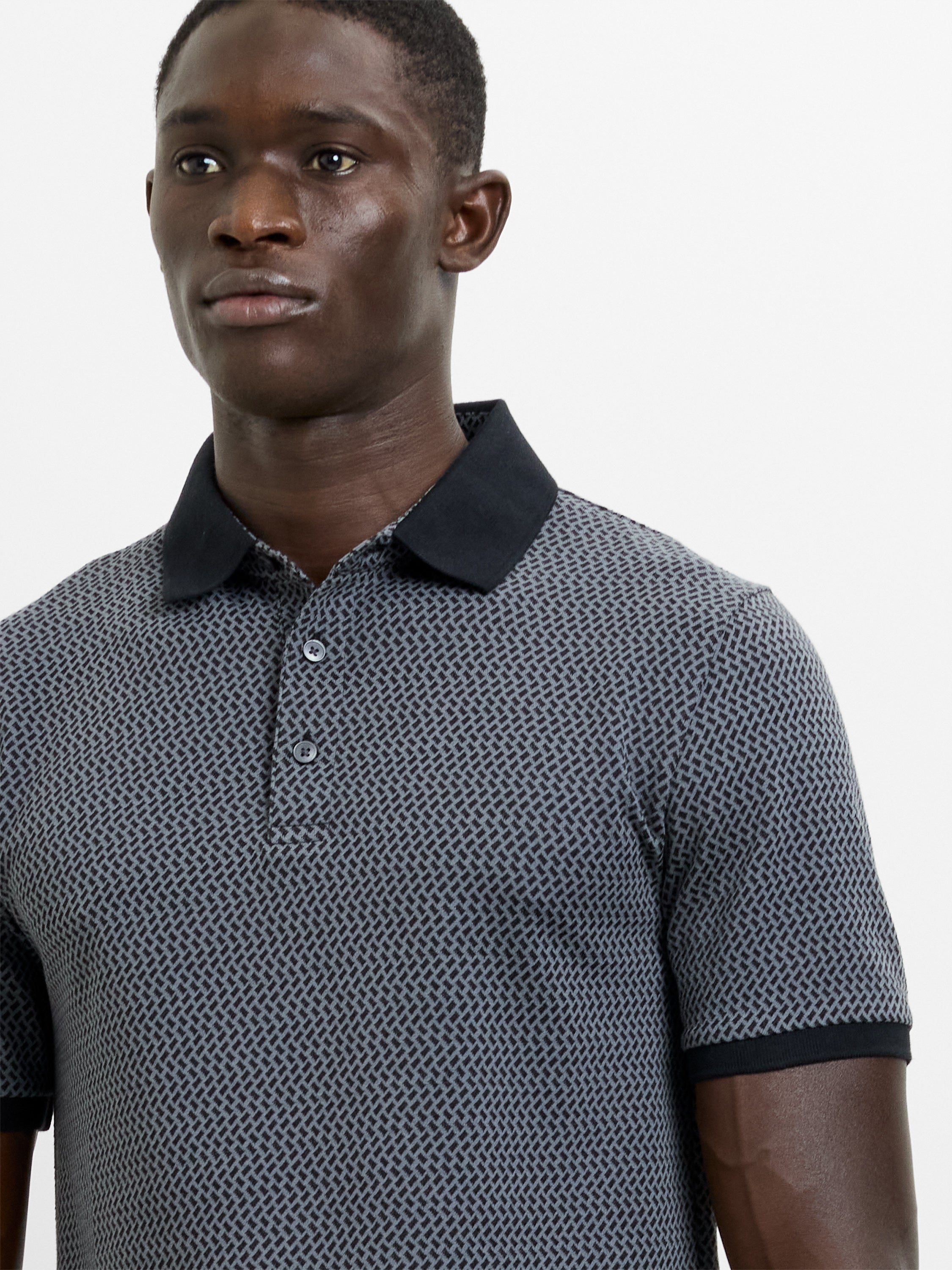 Short Sleeve Navy Geometric Polo Shirt