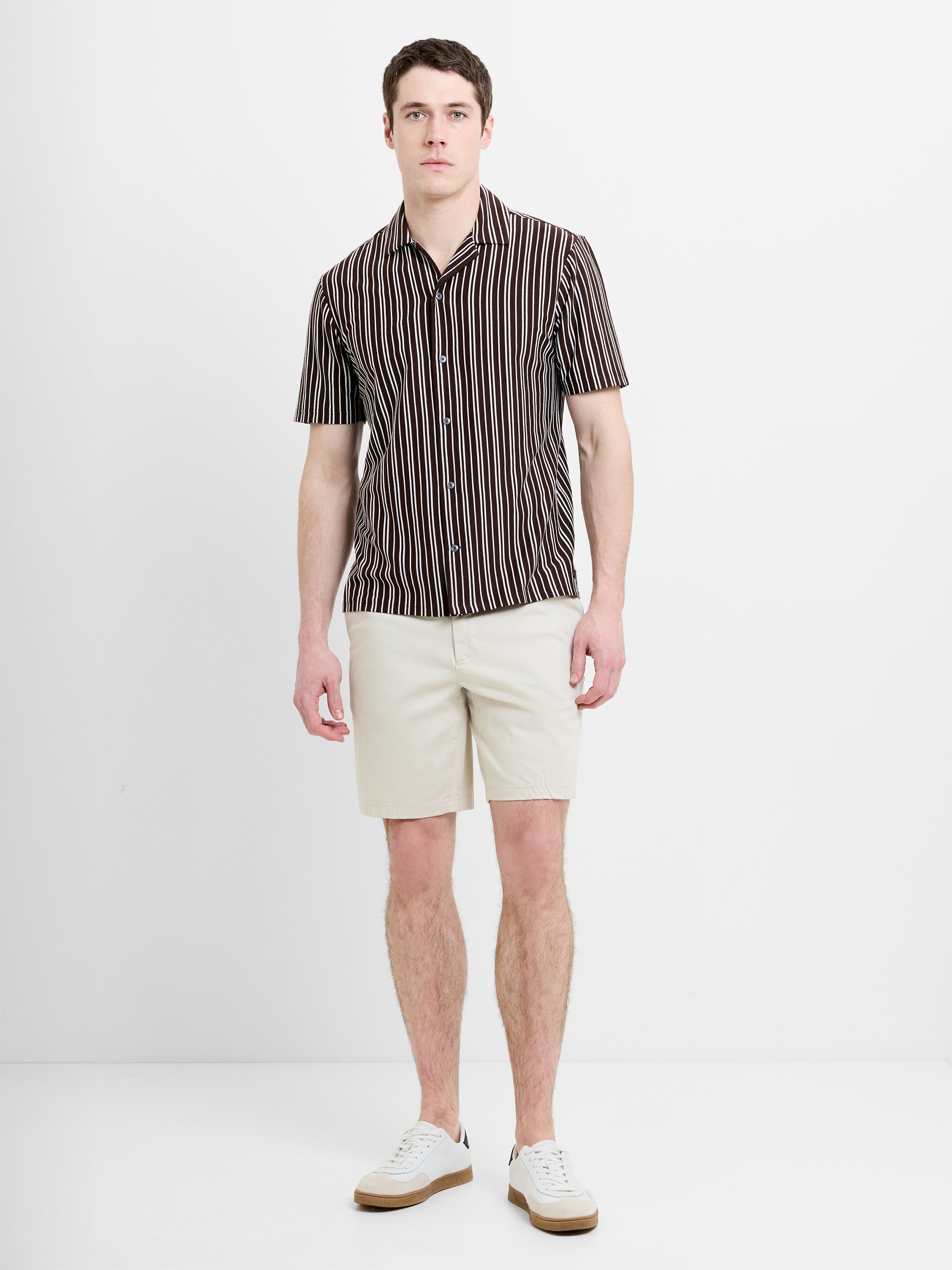 Short Sleeve Brown Stripe Revere Collar Shirt