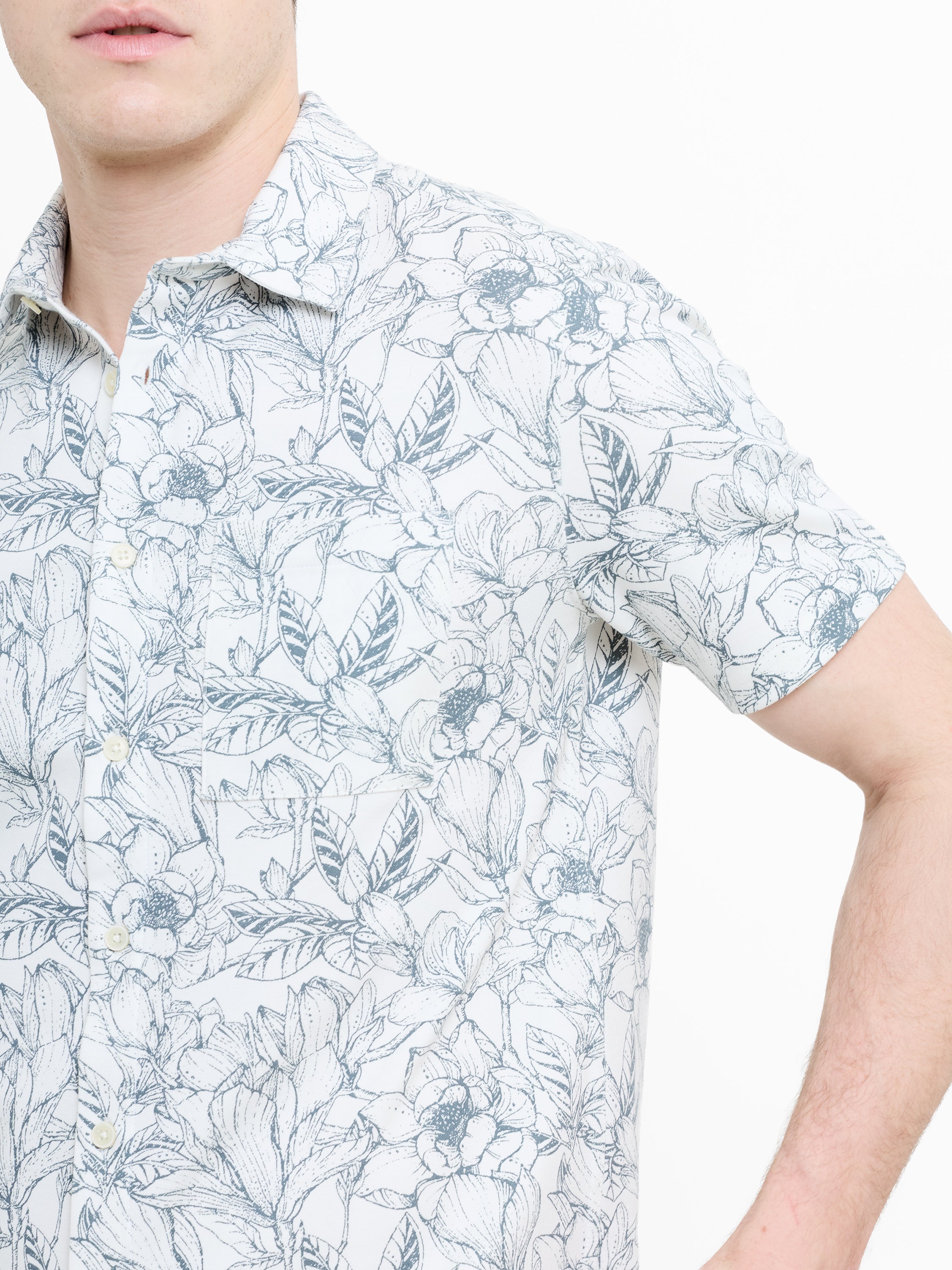Short Sleeve Grey Ink Floral Printed Shirt