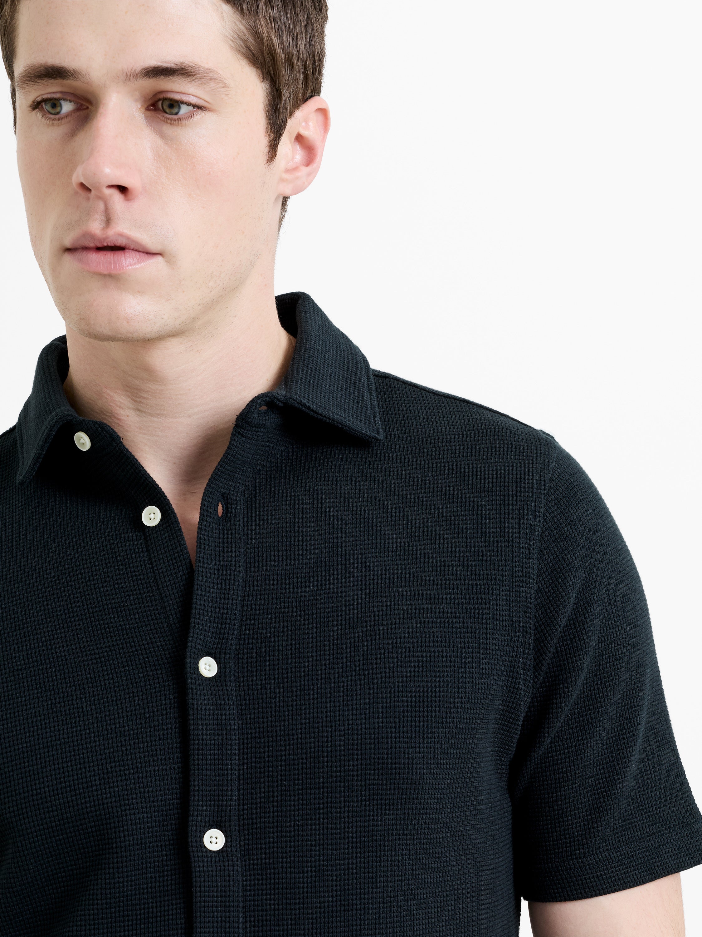 Short Sleeve Textured Button-Through Black Shirt