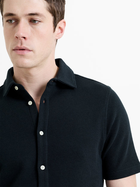 Short Sleeve Textured Button-Through Black Shirt