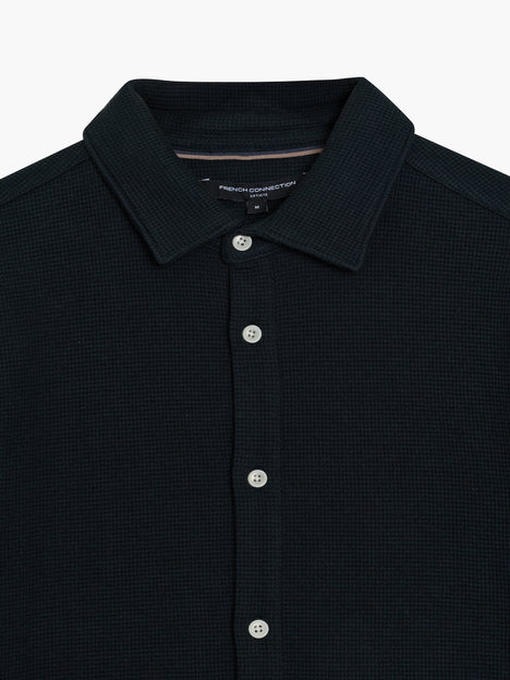 Short Sleeve Textured Button-Through Navy Shirt