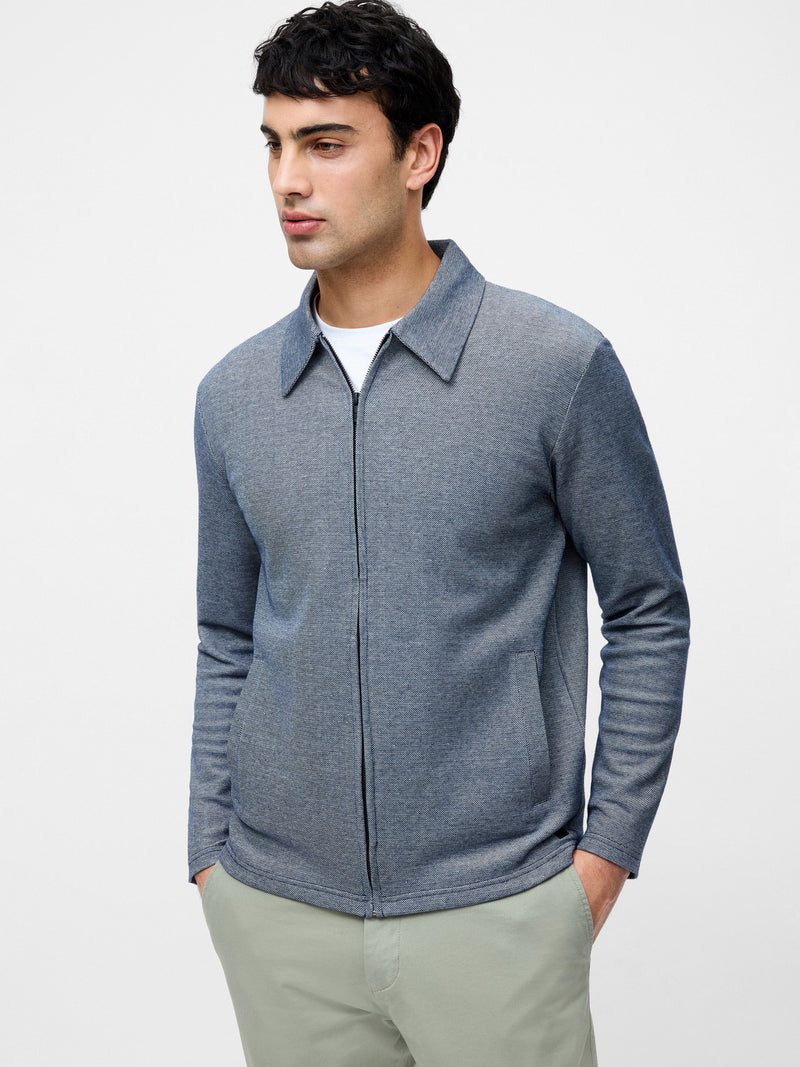 Long Sleeve Double Face Pique Zip Through Shirt