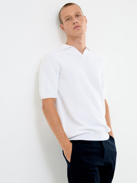 Short Sleeve Open Collar White Knit Polo Shirt