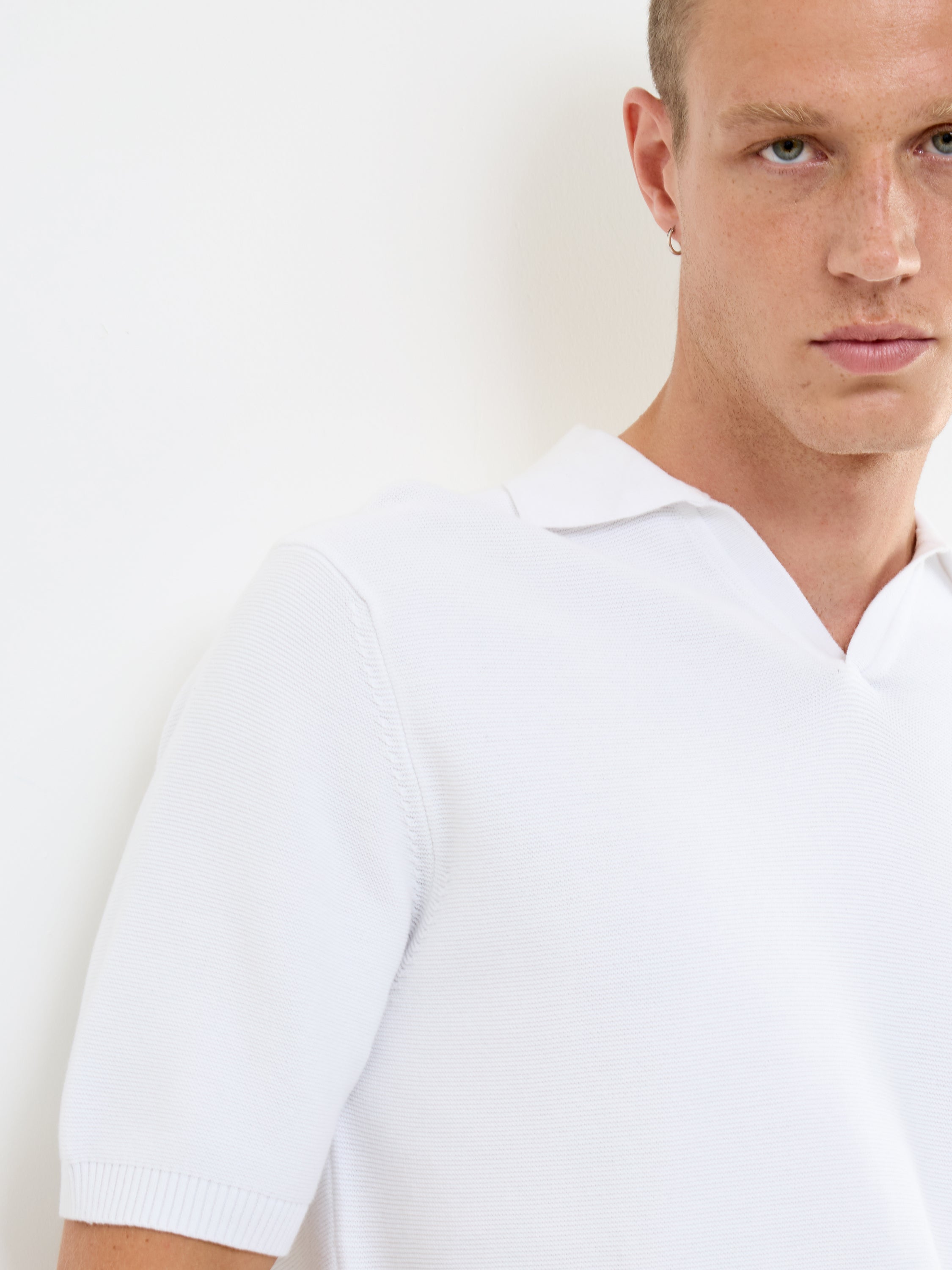 Short Sleeve Open Collar White Knit Polo Shirt