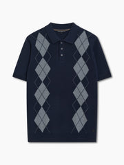 Short Sleeve Argyle Knit Navy Polo Shirt