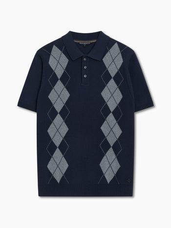 Short Sleeve Argyle Knit Navy Polo Shirt
