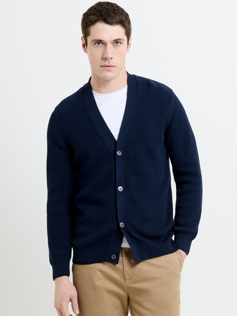Navy Button Through Ribbed Knit Cardigan