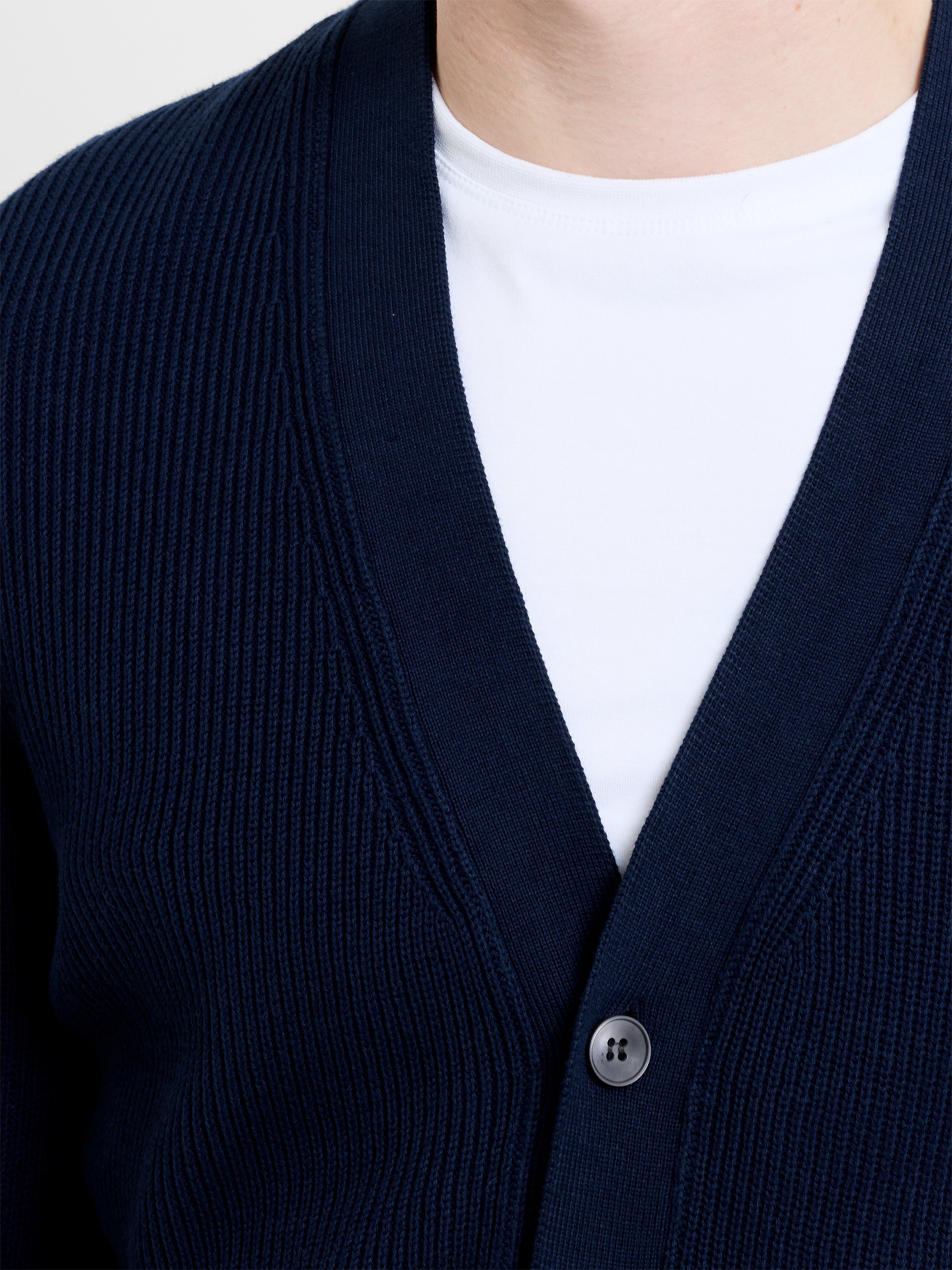 Navy Button Through Ribbed Knit Cardigan