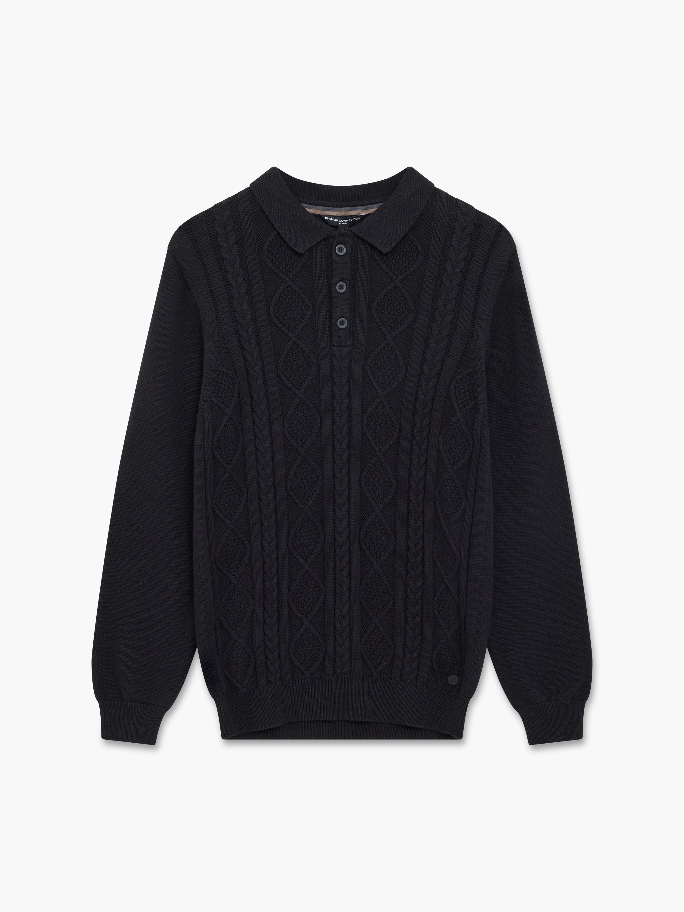 Long Sleeve Cable Knit Polo Jumper