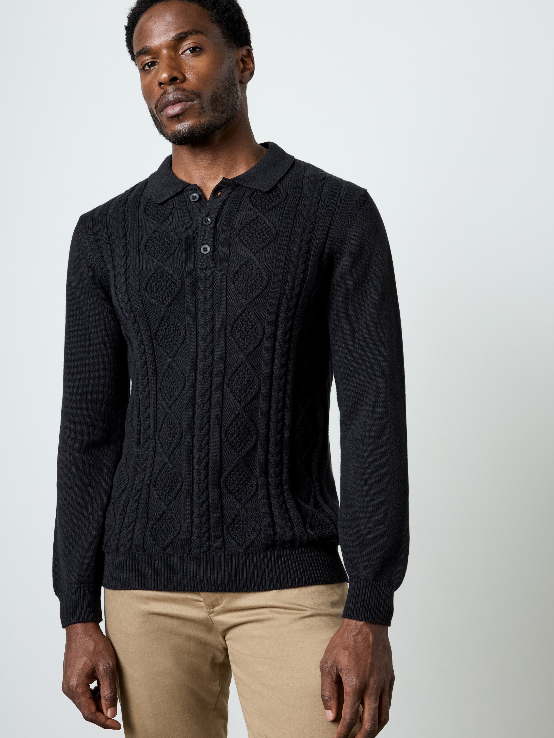 Long Sleeve Cable Knit Polo Jumper