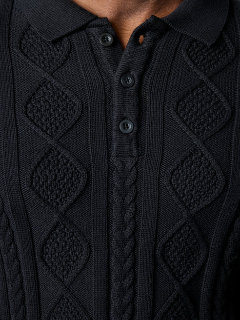 Long Sleeve Cable Knit Polo Jumper