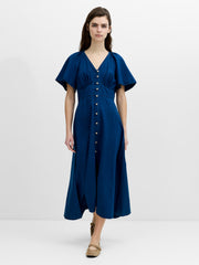 Zaves Chambray Navy Blue Flutter Sleeve Midi Dress