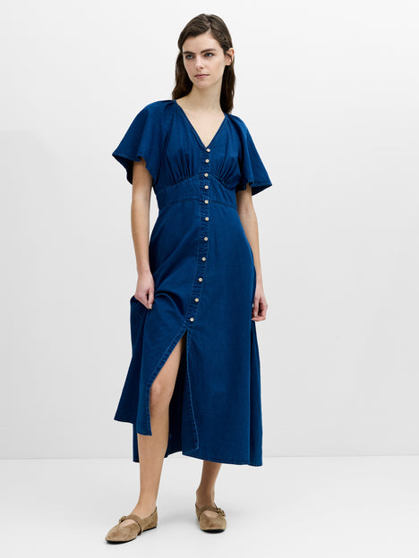 Zaves Chambray Navy Blue Flutter Sleeve Midi Dress