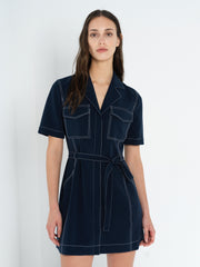 Azra Contrast Stitch Belted Navy Blue Mini Dress
